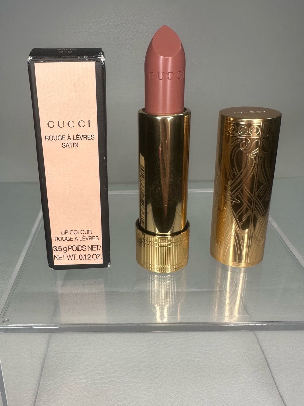 Gucci Satin Lipstick in Dusty Rose with Gold Case